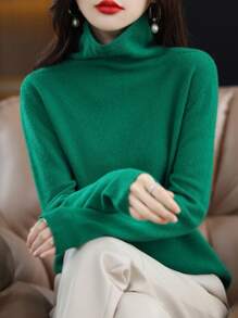 女式 100% 美利奴羊毛无缝毛衣高领秋冬保暖柔软针织复古毛衣长袖针织套头衫上衣 - 綠色 - 查看 2