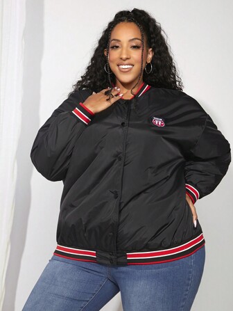SHEIN CURVE+ Plus Letter Patched Striped Trim Drop Shoulder Bomber Jacket