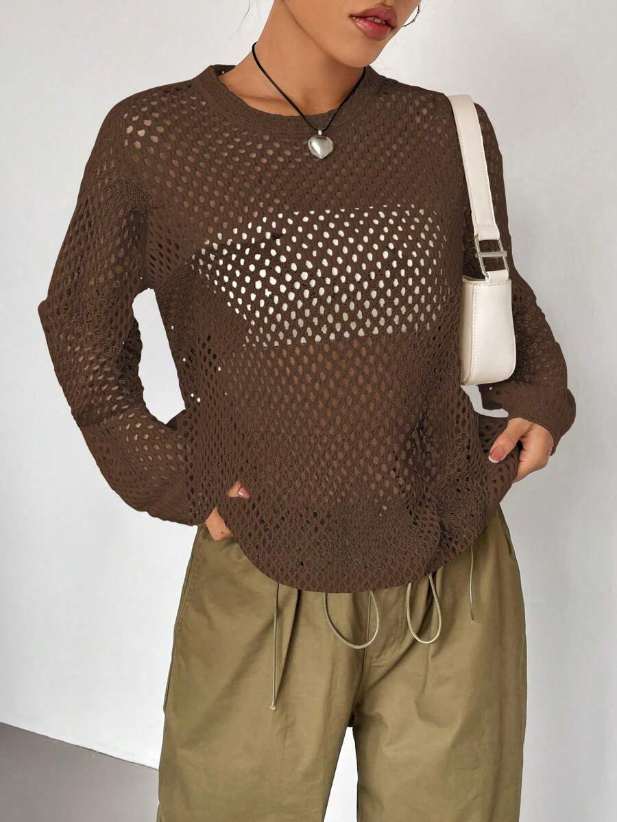SHEIN Unity 素色鏤空針織落肩袖套頭毛衣 - 棕色 - 查看 1