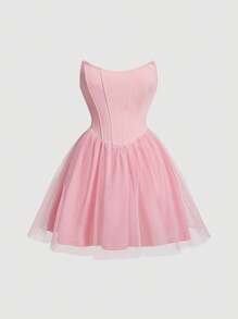 SHEIN MOD Mock Neck Gigot Sleeve Mesh Overlay Dress - Pink - View 1