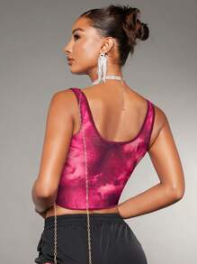 SHEIN BAE Tie Dye Print Asymmetrical Hem Crop Tank Top - Hot Pink - View 2