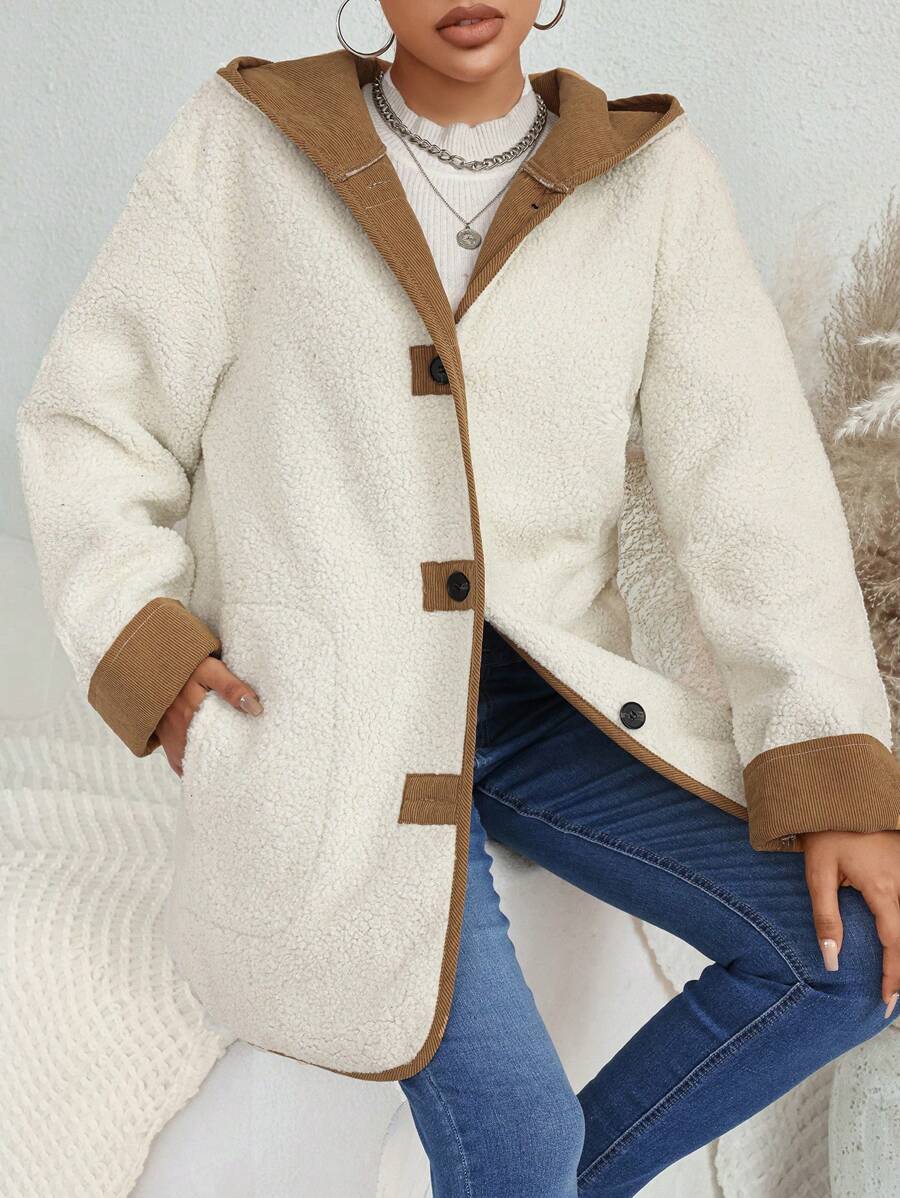 SHEIN Unity Contrast Binding Hooded Teddy Duffle Coat Fall Cloth For Women - White - View 1