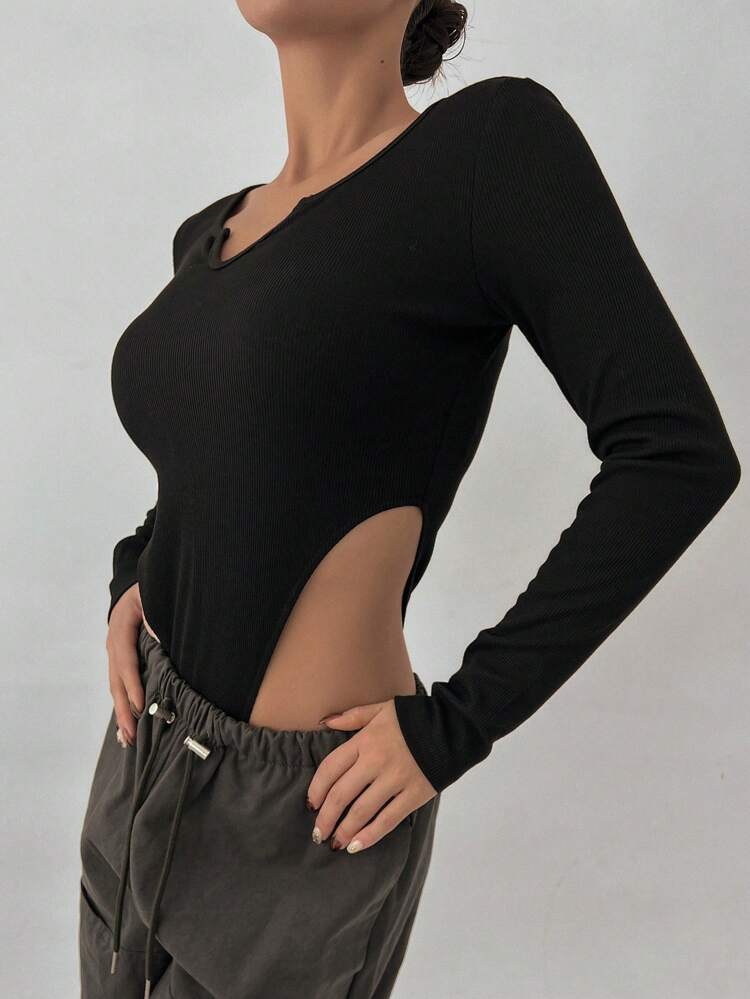 Solid Notched Neck High Cut Bodysuit, Fall Women Clothes Bodysuits For Women Lounge Sets For Women
