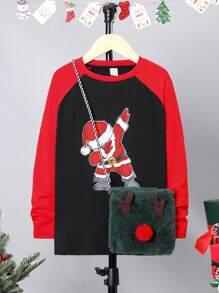 SHEIN Tween Boy Christmas Print Raglan Sleeve Tee - Multicolor - View 1