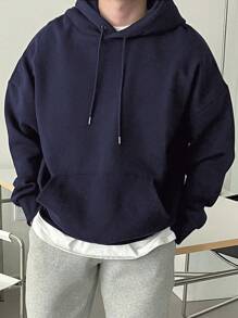 DAZY Hombres Capucha con bolsillo de canguro de hombros caídos con cordón sin camiseta - Azul Marino - Ver 1