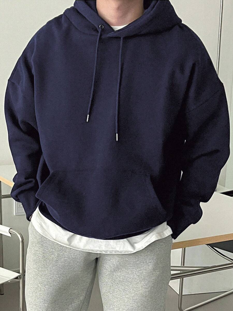 DAZY Hombres Capucha con bolsillo de canguro de hombros caídos con cordón sin camiseta - Azul Marino - Ver 1