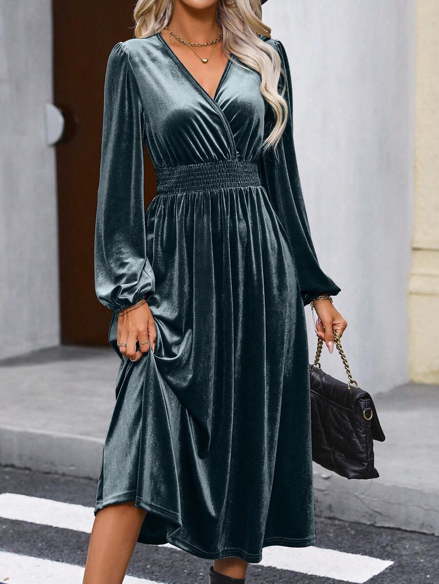 SHEIN Clasi Surplice Neck Lantern Sleeve Velvet Dress - Dusty Blue - View 1