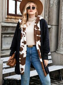 Calvaya Plus Contrast Panel Hooded Flannel Coat - Black - View 4