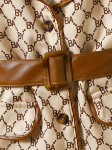 Baby Girl Allover Print Contrast Binding Flap Detail Belted Trench Coat