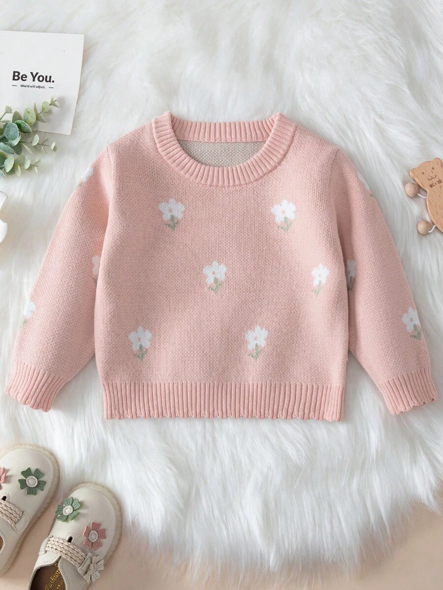 女嬰花卉圖案套頭毛衣 - 粉色 - 查看 1