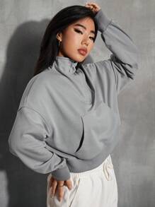 SHEIN Unity Áo nỉ cổ lửng tay trễ vai, kiểu dáng mùa thu. - Xám - Xem 1