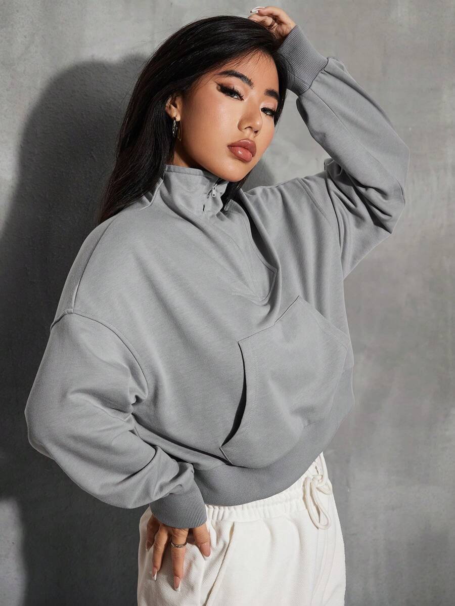 SHEIN Unity Áo nỉ cổ lửng tay trễ vai, kiểu dáng mùa thu. - Xám - Xem 1