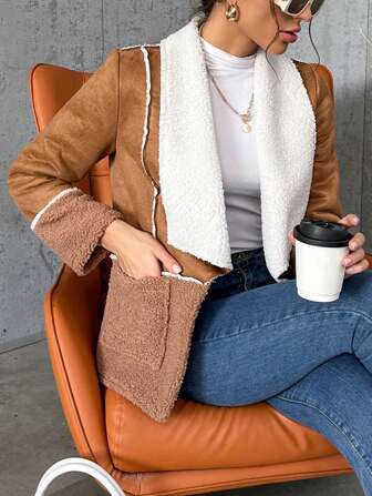 SHEIN Privé 大翻領毛絨內襯開門襟外套