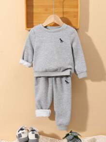 SHEIN Baby Boy Dinosaur Print Thermal Lined Sweatshirt & Sweatpants - Light Grey - View 3
