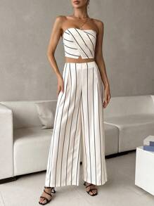 SHEIN Privé Striped Print Tube Top & Wide Leg Pants