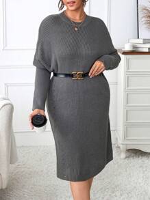 Calvaya Plus Batwing Sleeve Sweater Dress Without Belt - Grey - View 3