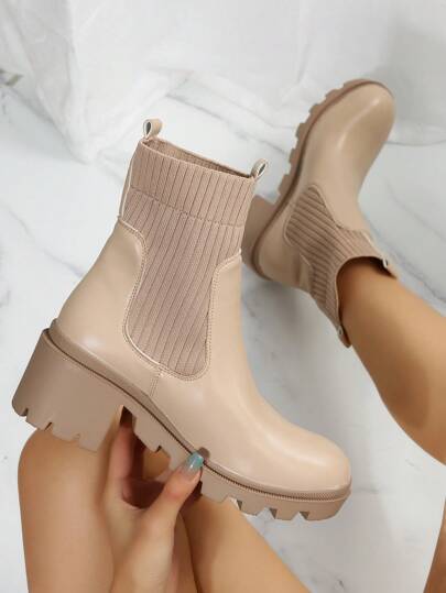 Damen Mode Klobige Absatz Slip-On Knöchel Stiefel Mittlere Waden Stiefel Warme Winter Kurze Stiefel