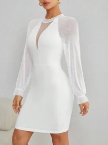 SHEIN Privé 網紗拼接插肩袖小高領緊身洋裝 - 白色 - 查看 4