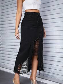 毛邊牛仔半身裙 - 黑色 - 查看 4