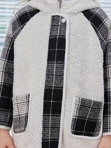 SHEIN Young Girl Contrast Plaid Dual Pocket Raglan Sleeve Hooded Teddy Coat - Multicolor - View 6
