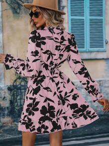 SHEIN Clasi In hoa Cà vạt Tay áo loe Xù Hoa Sen Đầm - Màu Hồng baby - Xem 2