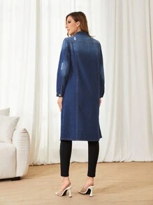 SHEIN Privé Flap Pocket Drop Shoulder Denim Coat - Dark Wash - View 2