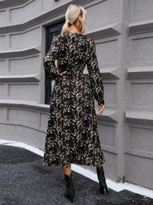 SHEIN Clasi In hoa Ditsy Tay áo lồng đèn Đầm Không có thắt lưng - màu đen - Xem 2