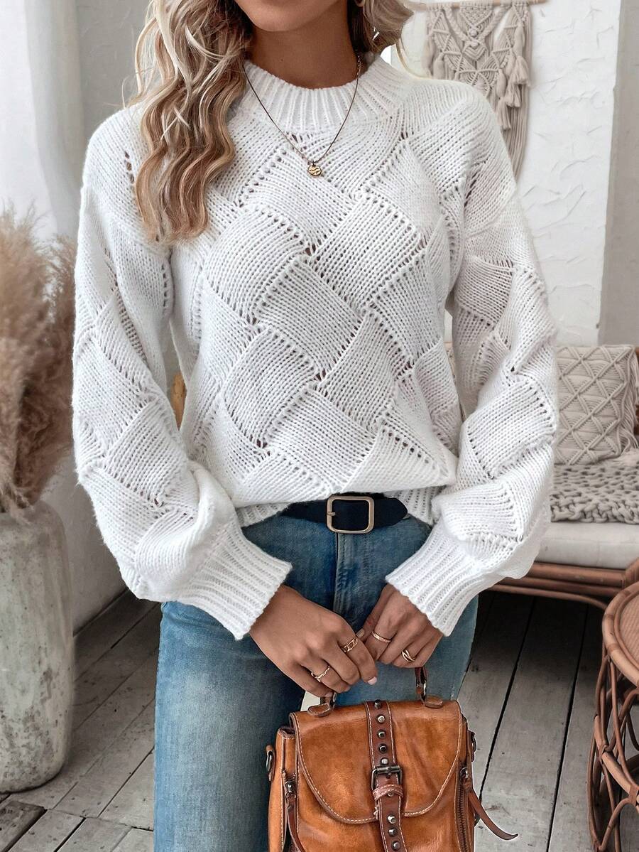 SHEIN Essnce Chất rắn Thả vai Dệt kim chấm bi Áo len - trắng - Xem 1