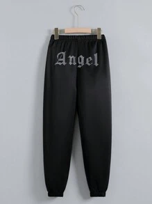 SHEIN Tween Girl Rhinestone Letter Pattern Elastic Waist Sweatpants - Black - View 1