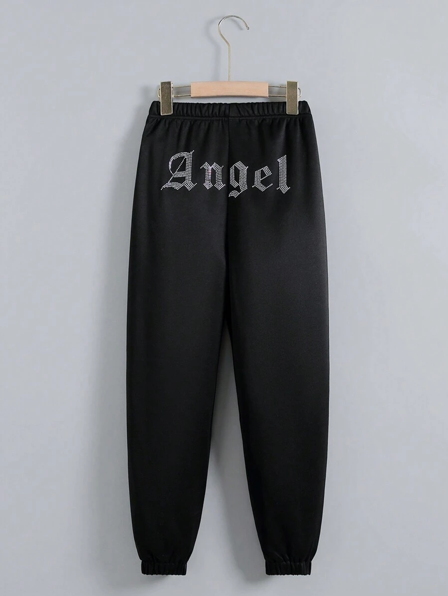 SHEIN Tween Girl Rhinestone Letter Pattern Elastic Waist Sweatpants - Black - View 1