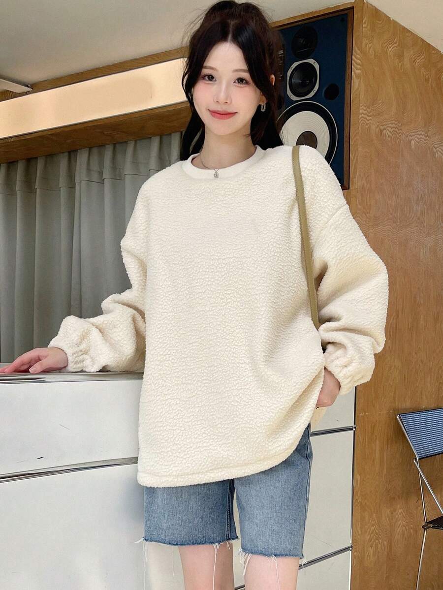 DAZY Solid Drop Shoulder Oversized Sweatshirt - White - View 1