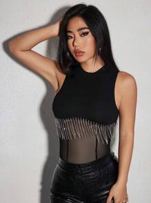 VaVaBold Casual Black Bodysuit,Cute Party Outfits,Sheer Mesh Contract Clothing Knitted Trimmed See-Through Women Bodysuits With Rhinestone And Tassel Embellishment,Solid Color Sleeveless Bodysuit,Dating/Holiday/Club/Rave Music Festival/Club/Night Out Wear - Black - View 7