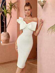 One Shoulder Big Bow Front Ruffle Trim Bodycon Dress - White - View 3
