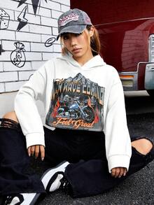 SHEIN EZwear 字母和車圖案落肩袖短款連帽衫 - 白色 - 查看 5