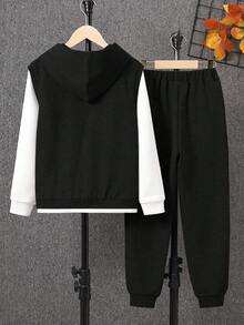 SHEIN Tween Boy Letter Patched 2 In 1 Hoodie & Sweatpants - Black - View 2