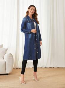 SHEIN Privé Flap Pocket Drop Shoulder Denim Coat - Dark Wash - View 5