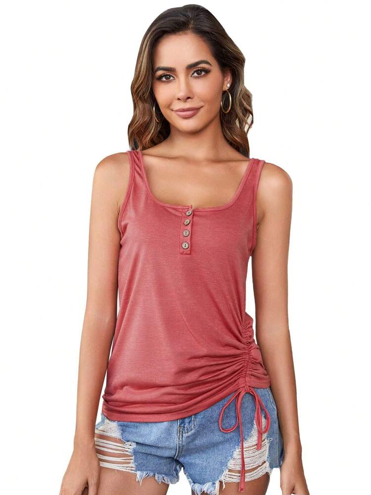 Drawstring Side Half Button Tank Top