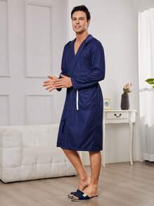 Hombres Bata con cinturón con doble bolsillos con capucha - Azul Marino - Ver 1