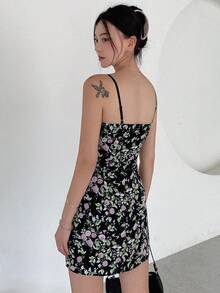 DAZY In hoa Tie Trước Váy Dây - màu đen - Xem 2