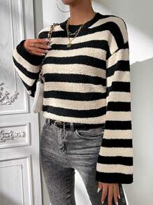 SHEIN Essnce 條紋圖案落肩袖套頭毛衣 - 黑色 - 查看 3