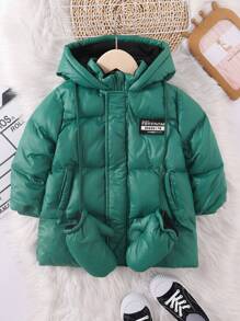SHEIN 年轻男孩标语贴花连帽棉服外套 - 綠色 - 查看 5