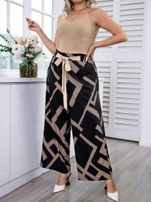 Calvaya Plus Solid Cami Top & Geo Print Tie Front Wide Leg Pants