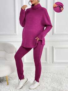 SHEIN 孕妇高领蝙蝠袖开衩下摆 T 恤和可调节腰部紧身裤，适合冬季 - 酒紅色 - 查看 1