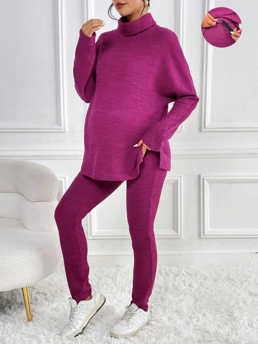 SHEIN 孕妇高领蝙蝠袖开衩下摆 T 恤和可调节腰部紧身裤，适合冬季 - 酒紅色 - 查看 1