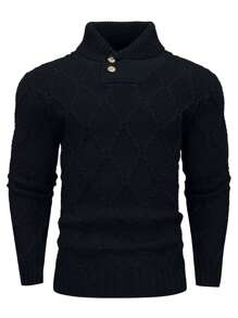 Manfinity Homme Men Argyle Knit Button Detail Sweater - Black - View 3