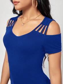SHEIN Clasi Solid Cold Shoulder Tee - Royal Blue - View 4