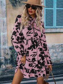 SHEIN Clasi In hoa Cà vạt Tay áo loe Xù Hoa Sen Đầm - Màu Hồng baby - Xem 3