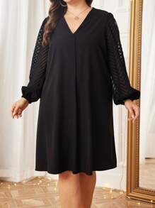 SHEIN Clasi 大碼蕾絲拼接燈籠袖洋裝 - 黑色 - 查看 4