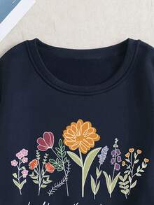 SHEIN EZwear 花和標語圖案加絨內裏運動衫 - 藏蓝色 - 查看 3