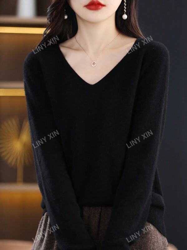 Pull col en V 100% laine mérinos pour femme, pull tricoté sans couture prêt à porter de première ligne pour un usage quotidien décontracté à manches longues